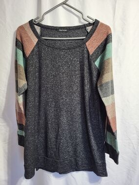 Pink Clover Sparkle Black Pullover with Colorblock Sleeves, Size Large